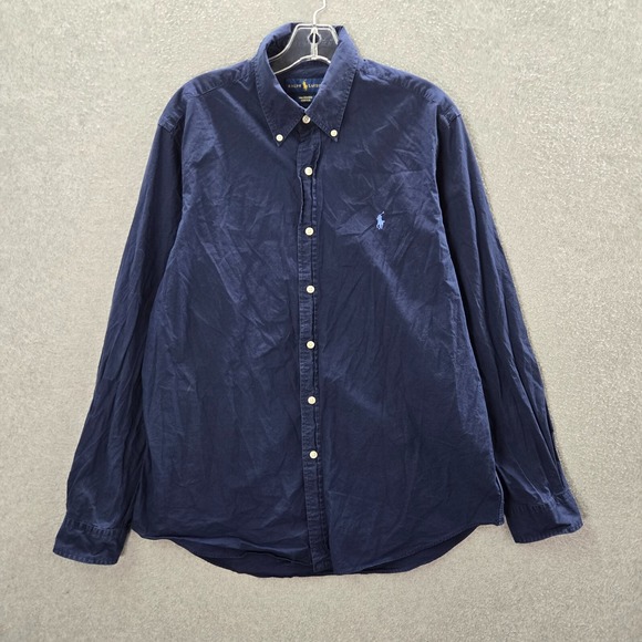 Ralph Lauren Men Button Up Shirt Large Blue Logo 100% Cotton Long Sleeve Collar - Picture 1 of 11